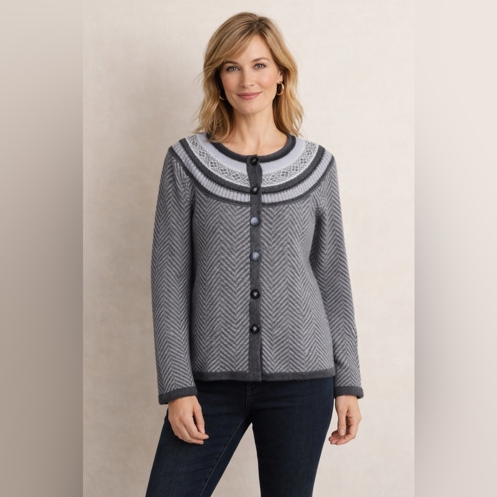 Talbots Gray Fair Isle Cardigan Sweater XL Lambswool Blend Button Front